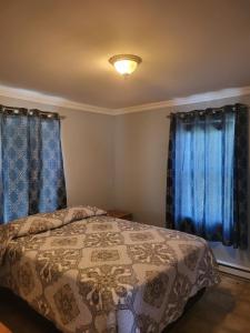 a bedroom with two blue curtains and a bed at Nice and cozy in Dalhousie