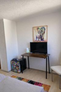 a room with a desk with a television on it at Hotel zum Rednitzgrund in Stein