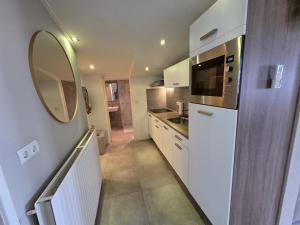 a small kitchen with white cabinets and a mirror at Dorpsdijk 53A in Vrouwenpolder