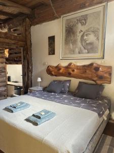 a bedroom with a large bed with a wooden headboard at Puenteromano in Golondrinas