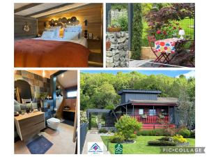 a collage of four pictures of a house at TiNY HOUSE LE CHALET LIT KING SIZE -TERRASSE - PETIT DÉJEUNER-CLIMATISATION -PARKING in Échenoz-la-Méline