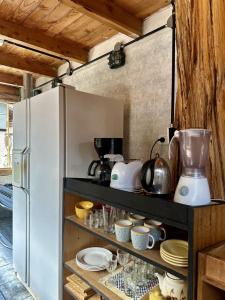 a kitchen with a refrigerator and a shelf with dishes at Puenteromano in Golondrinas