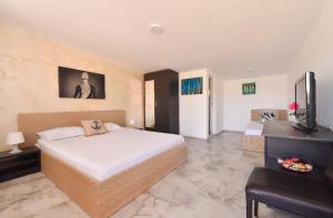 a hotel room with a bed and a television at Pensiunea VADU in Vadu
