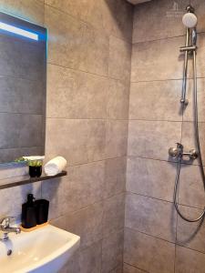 a bathroom with a shower and a sink at City Center Apartments - Moderna Brno Římské náměstí IV in Brno +15 photos