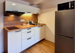 a kitchen with white cabinets and a stainless steel refrigerator at City Center Apartments - Moderna Brno Římské náměstí V in Brno