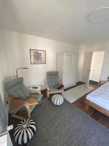 a bedroom with two chairs and a bed and a rug at Ferienwohnung Pauline in Plön
