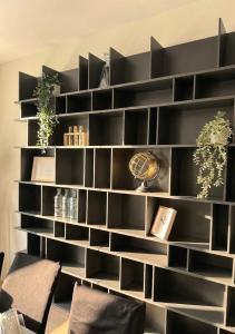 a black book shelf with two plants and a fan at La perle du Centre à Cancale in Cancale