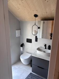 a bathroom with a white toilet and a sink at Ferienhaus Sonnenwasser am Partwitzer See in Klein Partwitz