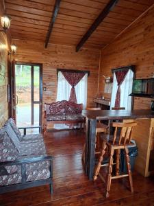 a log cabin with a table and a bed at Las Bromelias Lodge in Paso Macho