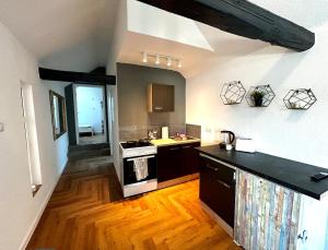 a kitchen with a stove and a counter top at modernes Apartment mit Wlan in Lorsch