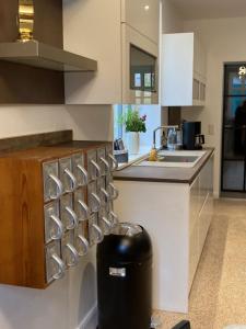 a kitchen with white cabinets and a sink and a trash can at Hostel Farm Ostedt in Wrestedt