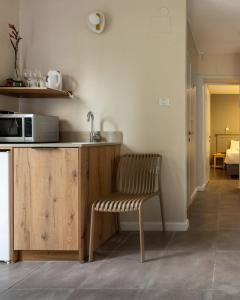 a kitchen with a sink and a chair and a microwave at Degania Bet Kibbutz Country Lodging in Kinneret