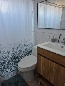a bathroom with a toilet and a sink at Casa Montes Valle Alegre in Quintero +9 photos