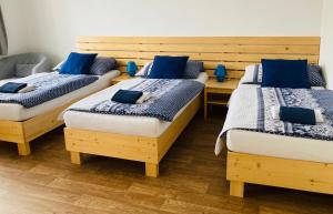 three beds in a room with blue pillows on them at Apartmany a Ubytovani Mlynice Litovel in Litovel