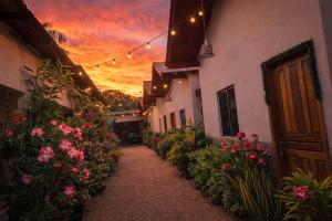 an alley with flowers and a sunset in the background at Aguas de Alter in Santarém