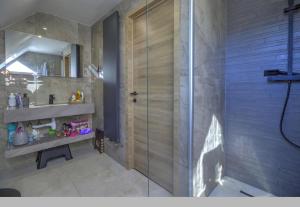 a bathroom with a shower and a sink and a mirror at Villa 2 chambres in Trooz