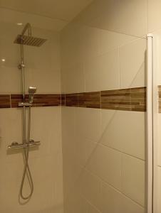 a shower with a glass door in a bathroom at Le gîte 1869 in Clarques