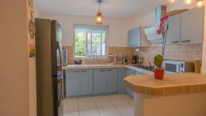 a kitchen with blue cabinets and a counter top at Les Cannes Trankil in Saint-Louis
