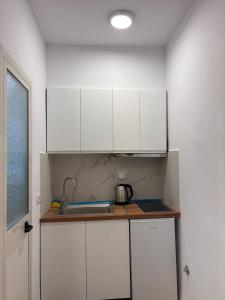 a small kitchen with white cabinets and a sink at Honey Hill Villa in Përmet +44 photos