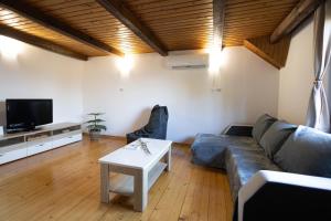 a living room with a couch and a tv at Marjetina gozdna hiška in Gager