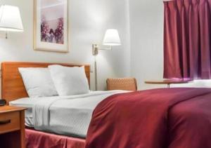 a hotel room with a bed and a red curtain at Budget Inn in Ithaca