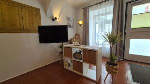 a living room with a flat screen tv on a wall at Apartment Mauthen 19 in Mauthen