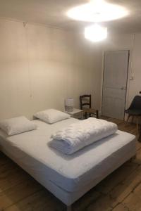 a large white bed in a room with a light at Gite de collandres in Cheylade