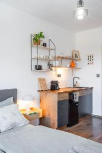 a bedroom with a bed and a kitchen with a counter at Studio Arnoštka in Vimperk
