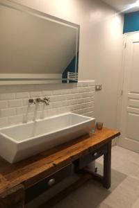 a bathroom sink with a large mirror on a wooden counter at Gite de collandres in Cheylade