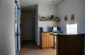 a kitchen with a counter top and a microwave at Hotel Royal a 5 min del consulado EE UU in Heroica Nogales