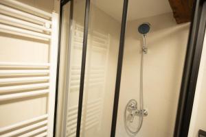a shower with a shower head in a bathroom at Marjetina gozdna hiška in Gager +47 photos