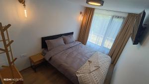 a bedroom with a bed and a window at Cozy Box in Agapia