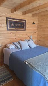 a bedroom with a blue bed with wooden walls at Romantic Getaway Peace and a Unique View in Quillota +15 photos