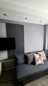 a living room with a blue couch and a flat screen tv at Mihailo Konaci hotel Andjela in Kopaonik