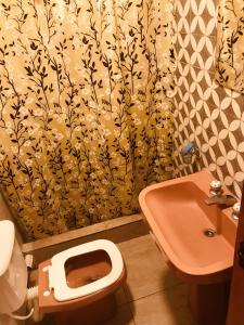 a bathroom with a toilet and a shower curtain at Complejo del Mar in Santa Clara del Mar
