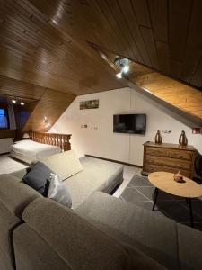 ein Wohnzimmer mit Sofa und Flachbildfernseher in der Unterkunft Hotel Monika in Zutendaal