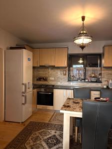a kitchen with a white refrigerator and a table at Cabana CORNESTEAN in Sighetu Marmaţiei