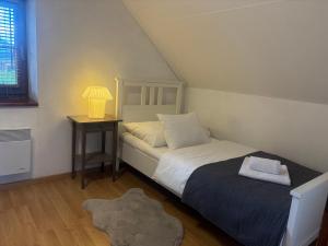 a small bedroom with a bed and a table with a lamp at Chalupa Juraj Terchová in Terchová