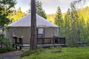 a yurt in the woods with a wooden deck at Yosemite Lakes Yurts in Harden Flat