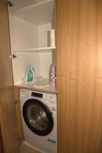 a washing machine in a closet with a door at Rezidence Jakubská in Brno