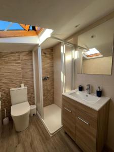 a bathroom with a toilet and a sink and a shower at A Caseta, en plena Costa da Morte in A Coruña