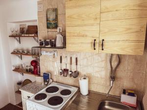 a small kitchen with a stove and a sink at Kuća za odmor Banja Koviljača in Banja Koviljača