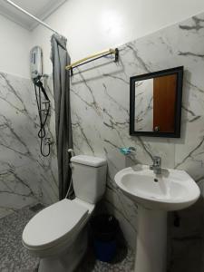 a bathroom with a white toilet and a sink at 29 Palm's Panglao Suites in Panglao Island