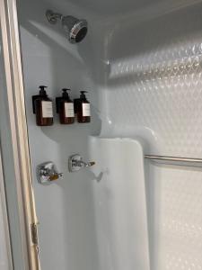 a bathroom with two bottles of soap on a refrigerator at Potter Cottage - Beautiful Serene Setting in Ferdinand +37 photos