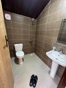 a bathroom with a toilet and a sink at MONTAGNA PODS,Best resort in skardu , Best Guest house In skardu in Skardu +45 photos