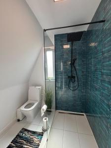 a bathroom with a toilet and a glass shower at NOOR A-frame Sibiu in Gura Râului +38 photos