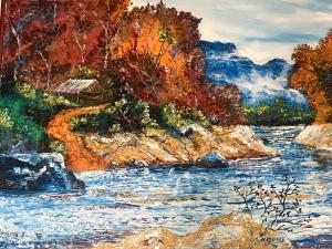 a painting of a river with a bridge at Arlington Apartments in Georgetown
