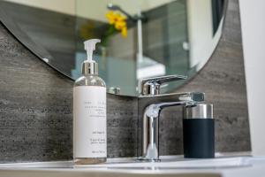 a bottle of soap sitting on a bathroom sink at Anita y Tomás Bed & Breakfast in Nancagua +26 photos