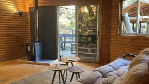 a living room with a couch and a stove at Pangui Lodge in Las Trancas