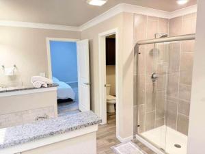 a bathroom with a walk in shower and a toilet at The West House Cozy-Modern-Spacious in Midland